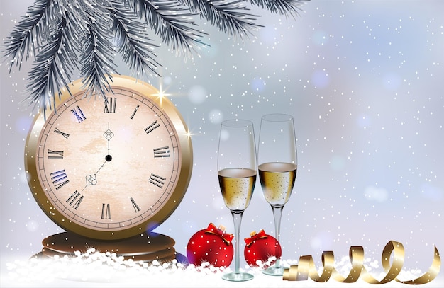 Glasses with champagne, clock close to midnight and Christmas balls