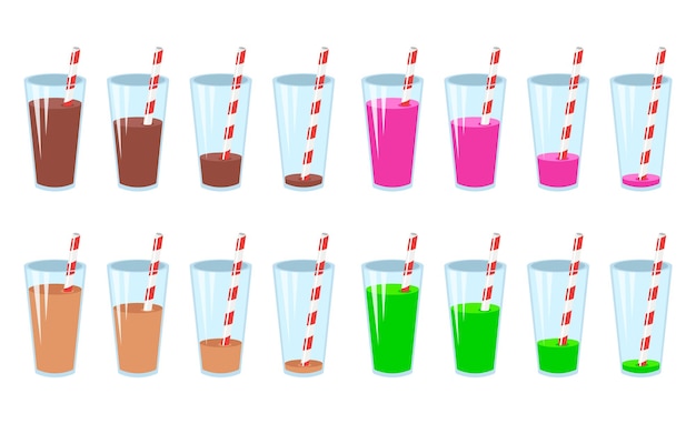 Glasses with drinks and straws vector illustrations set