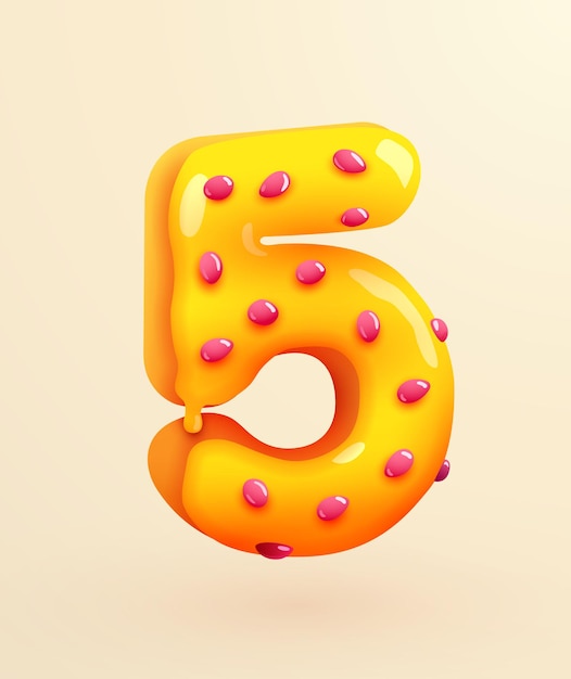 Glazed donut font number  number five cake dessert style collection of tasty bakery numbers with cream anniversary and birthday concept illustration