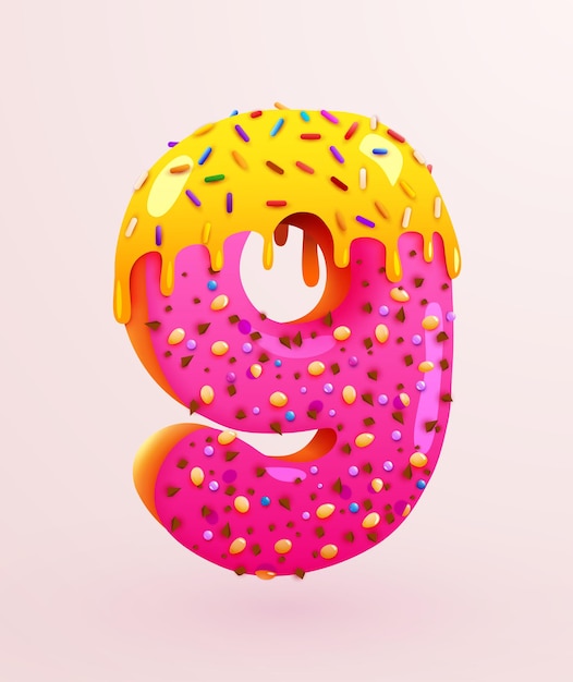 Glazed donut font number  number nine cake dessert style collection of tasty bakery numbers with cream anniversary and birthday concept illustration