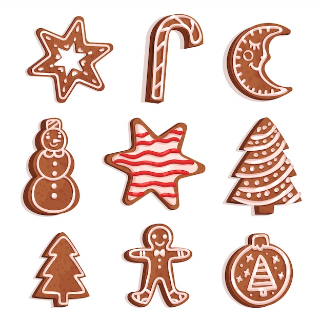 Glazed gingerbread of various shapes set, Christmas symbols, New Year decoration elements  Illustration on a white background