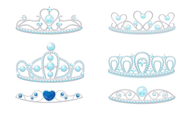 Vector gleamy princess crowns or diadems with precious stones vector set