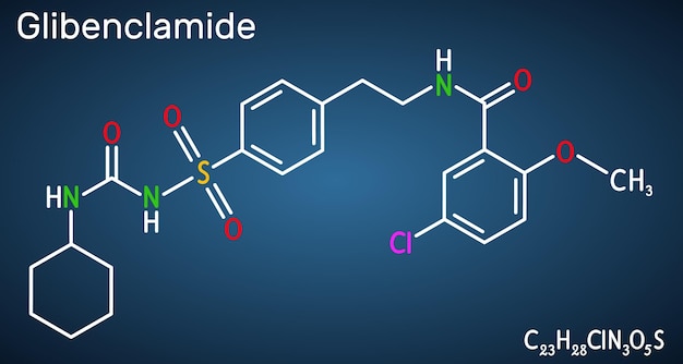 Vector glibenclamide glyburide molecule structural chemical formula dark blue background vector