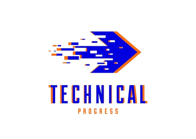 Glitch arrow vector logo symbolizes technical and technological progress, future science and digital effect, motion and speed dynamics.