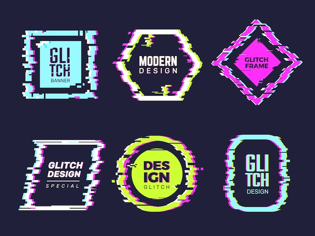 Vector glitch banners. hipster poster distortion glitch broken frames and text template  abstract forms