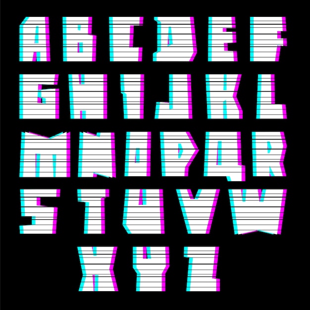 Glitch font alphabet with interference, uppercase