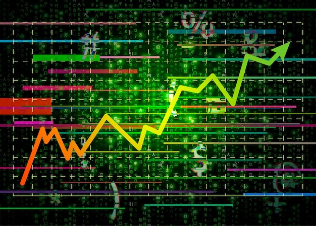 Glitch green matrix symbols with grow trade graph