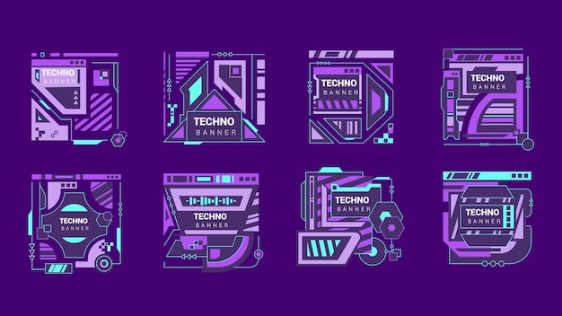 Vector glitch tech banners stylish abstract video frame designs featuring purple and blue hues with a