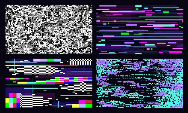 Glitched textures Glitch glowing computer screen tv white noise graphic 80s art distortion pixelate digital signal failed Cyberpunk style racy vector background