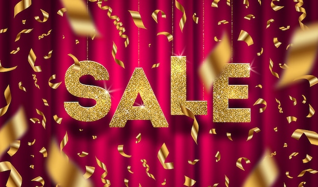 Glitter gold grand sale sign and falling golden foil confetti on a red curtain background.  illustration.