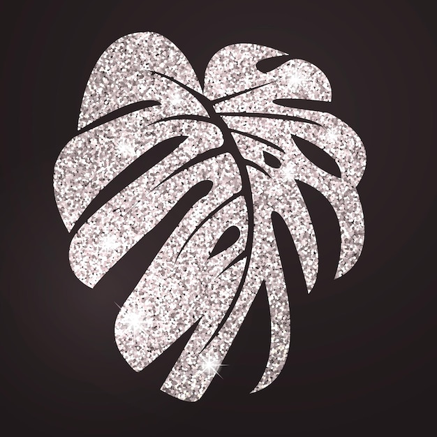 Glitter texture silver tropical leaf monstera on black background