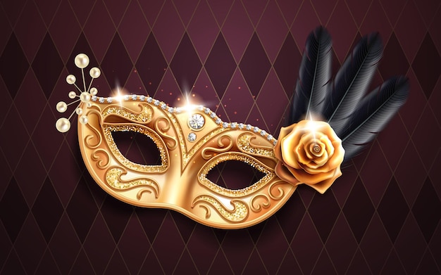 Glittering colombina mask for face cover at carnival or masquerade. Festival costume part with feather and beads, gold rose flower. Golden masque with diamonds for brazil festive or venice mardi gras