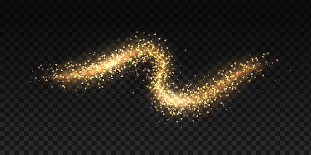 Glittering dust waves Golden glowing star trail Curved trace of triangular sparkles on transparent background Isolated decorative shining line Yellow shimmer texture vector template