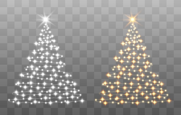 Glittering lights in the form of a Christmas tree with bright glowing particles, vector on png