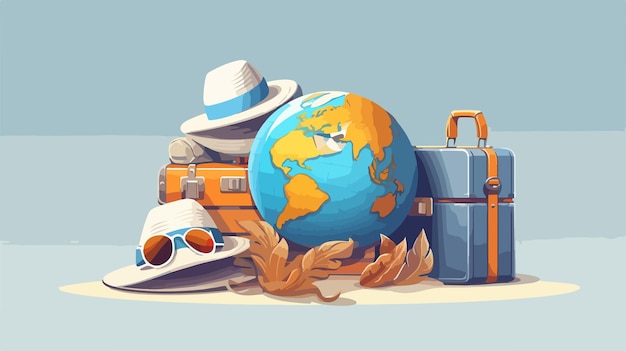 Global Beach Vacation Concept with Accessories on Grey Background