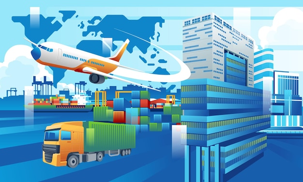 Global business logistics import export of containers cargo ship container truck plane truck on city background concept transport industry concept