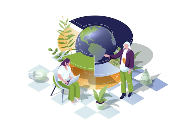 Global business web concept in 3d isometric design People working in international company Businesswoman discuss expansion strategy on globe and develop marketing strategy Vector web illustration