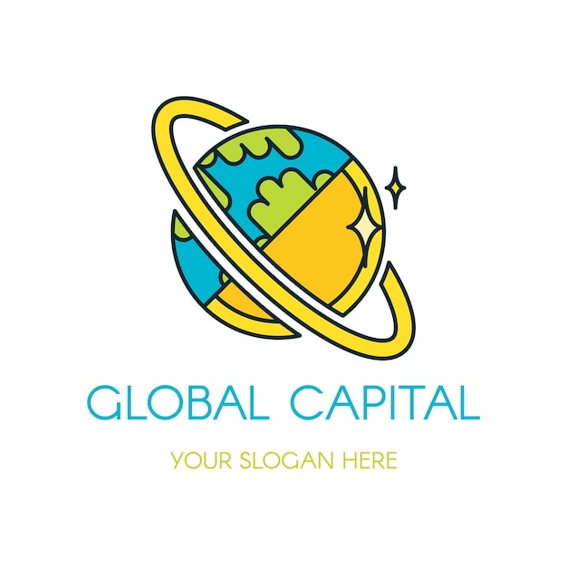 Global capital vector logo design. Cartoon planet, Earth. Flat finance, banking company logotype