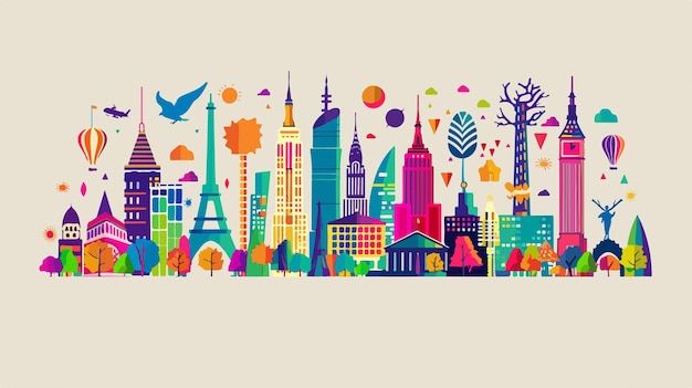 Global Cities Vector Illustration with Colorful Buildings