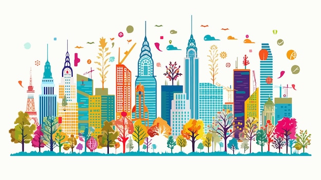 Global Cities Vector Illustration with Colorful Buildings