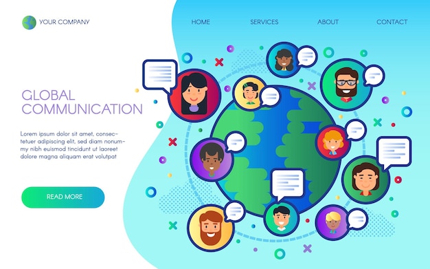 Global communication landing web site page vector cartoon flat design. Worldwide social wi-fi network, technology, cyberspace, online chatting, 5G internet services company, satellites transmit signal