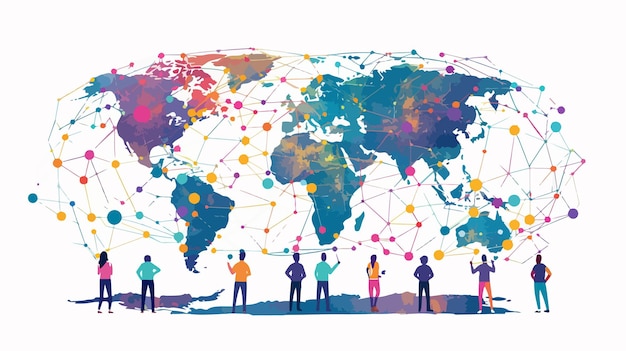 Global Connection Mixed Media Vector Illustration in Flat Style