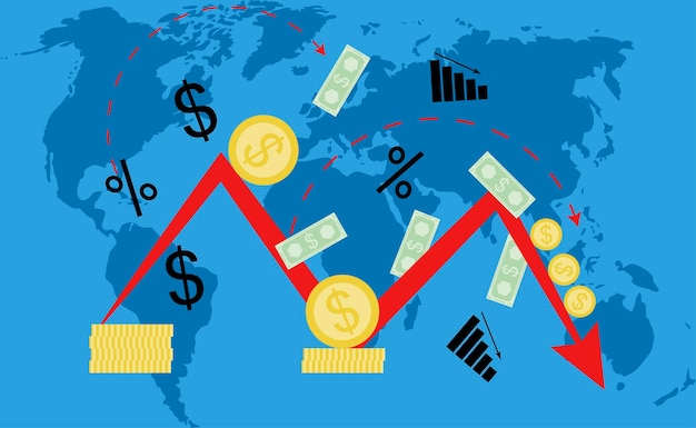 Vector global crisis and recession concept decrease and downfall world business