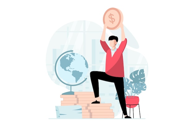 Global economic concept with people scene in flat design Businessman investing money in international businesses and startups for earning profit Vector illustration with character situation for web