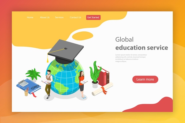 Global education service. Isometric flat vector landing page template.