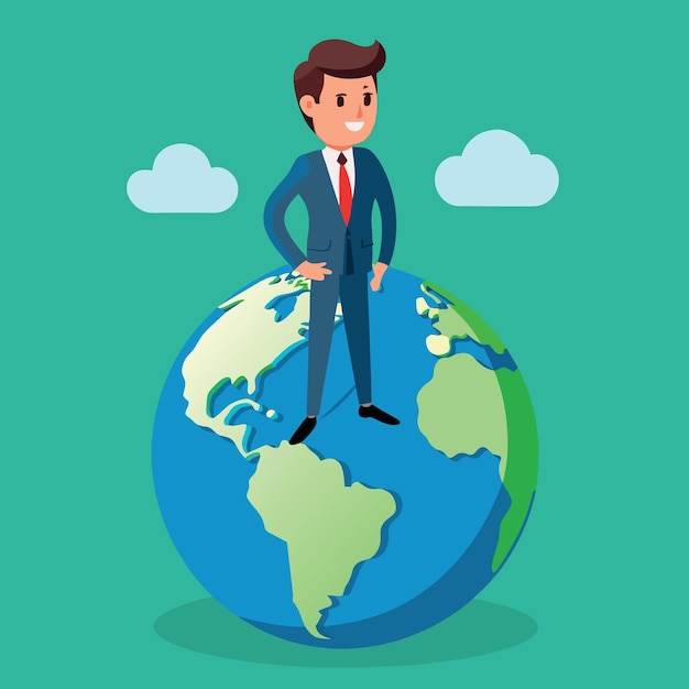 global green environment concept as miniature businessman standing on top of the globe map with gre