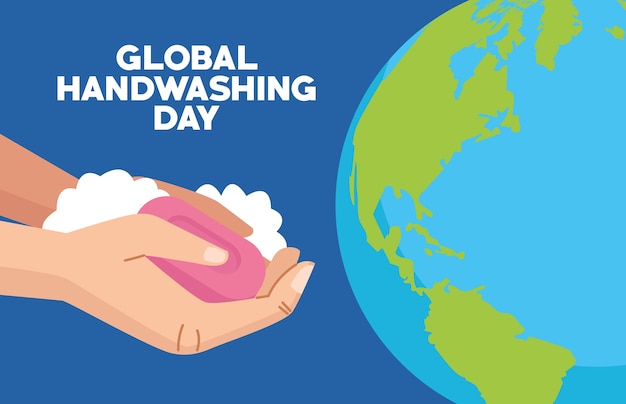 Global handwashing day campaign with hands and soap bar in earth planet