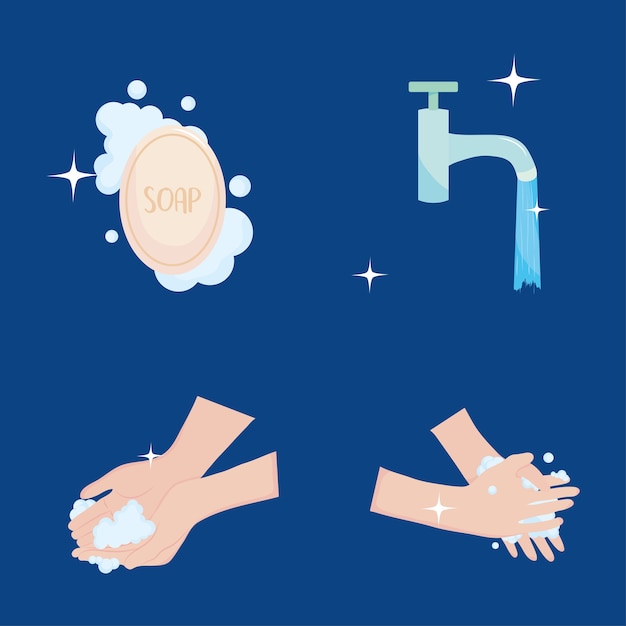 Global handwashing day, hands washing soap and faucet with water  illustration