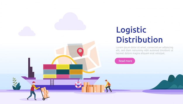 Global logistic distribution service illustration concept. delivery worldwide import export shipping banner with people character for web landing page, presentation, social, poster or print media