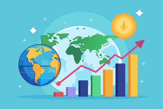 Global Market Trends Illustrated With Globe Bar Chart and Clock Global market sales business trending Simple and minimalist flat Vector Illustration