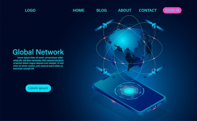 Global network connect with wireless devices. Retransmission of the signal by space orbiting satellites