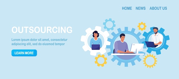 Global outsourcing freelance Teamwork and project delegation Employee work from home remotely People with different skills connecting together online and working on the same project remote work