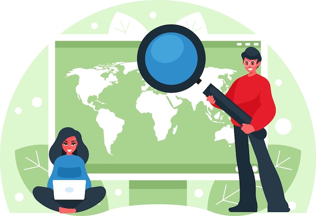 Vector global search concept world map on computer display developers is looking for new solutions