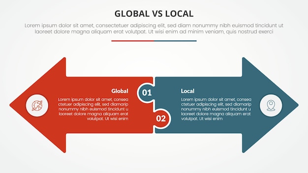 global vs local versus comparison opposite infographic concept for slide presentation with big arrow shape side by side opposite direction with flat style