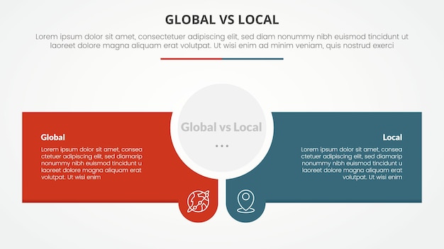 global vs local versus comparison opposite infographic concept for slide presentation with circle center and creative rectangle box with flat style