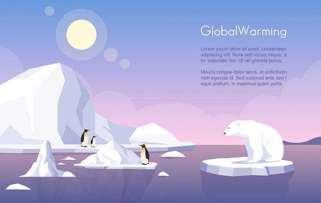 Global warming banner template. North Pole, melting glaciers, penguins and polar bear on ice floe flat illustration with text space. Climate change, sea level rise, nature damage.