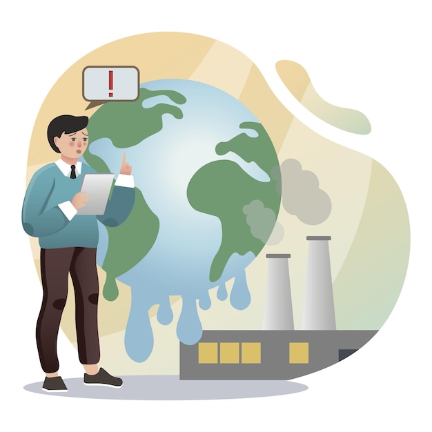 Vector global warming illustration man earth factory editable