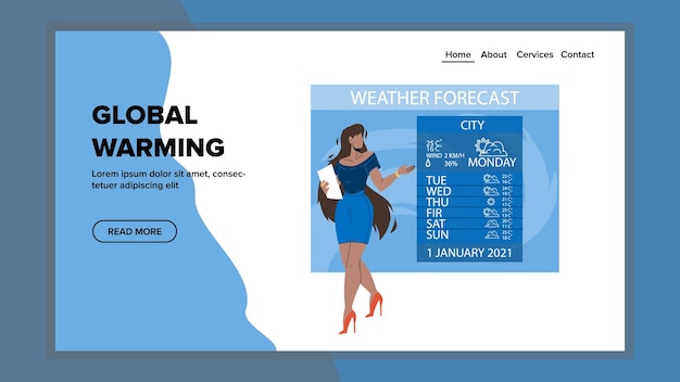 Global Warming Natural Disaster Problem Vector. Global Warming Breaking News Broadcasting Young Woman Reporter. Character Girl, Ecology And Climate Dangerous Catastrophe Web Flat Cartoon Illustration