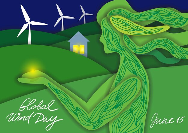 Global Wind day. Vector Illustration with wind turbines in the field and mother nature brings light