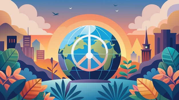 A globe encircled by flowers and leaves representing harmony and tranquility on World Peace Day