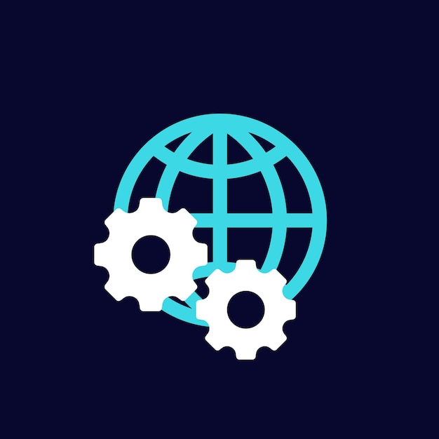 Globe and gears icon flat vector