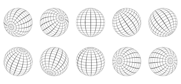 Vector globe grid sphere set 3d wire global earth latitude longitude geometric grid globe round mesh ball