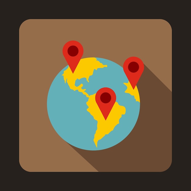 Globe and map pointers icon in flat style on a coffee background