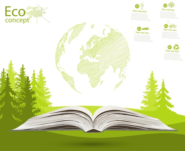 Globe on opened book The concept of ecology to save the planet Eco Environmentally friendly world