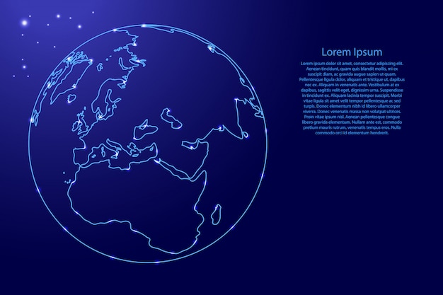 Globe planet earth with the continents of Africa and Eurasia from the contours network blue, luminous space stars