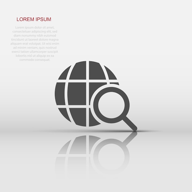 Globe search icon in flat style Network navigation vector illustration on white isolated background Global geography loupe business concept